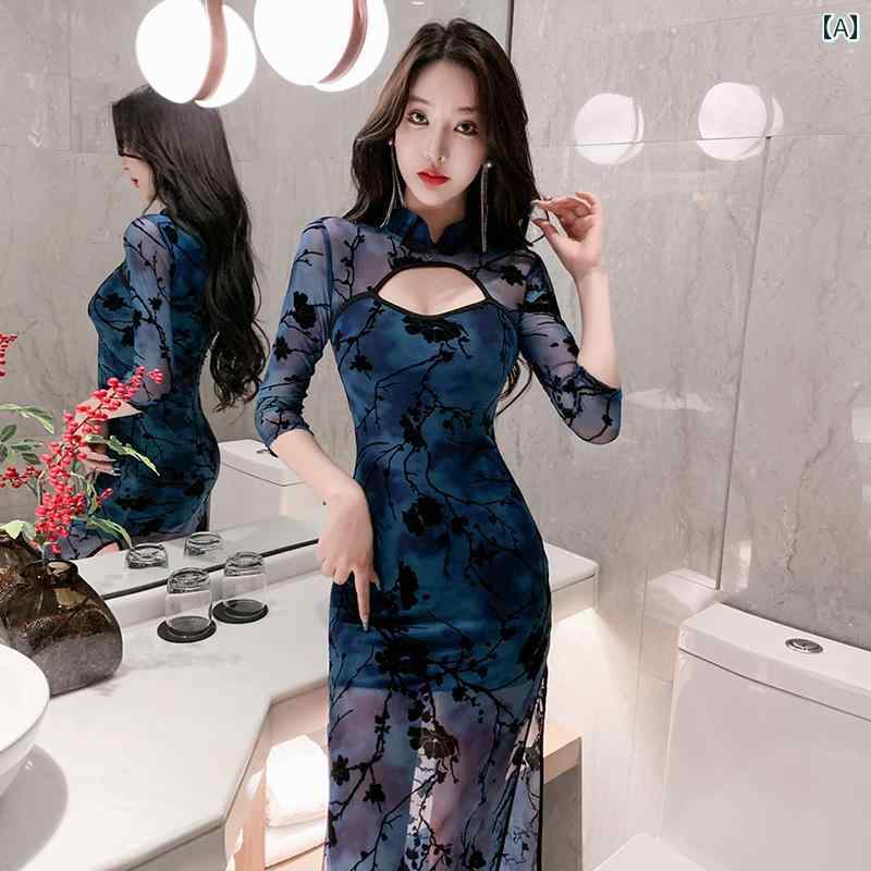 レディース ファッション 春夏 秋冬 かわいい オシャレ ナイトクラブ　ブルー　ドレス　柔らかい　　ロング　ドレス　スパ　　技術者　ユニフォーム