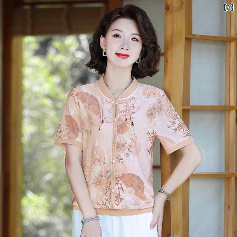 レディース ファッション 春夏 秋冬 かわいい オシャレ 韓国 スタイル　高齢お母さん　　半袖　T　シャツ　　ブラウス　エレガント　シャツ　トップス