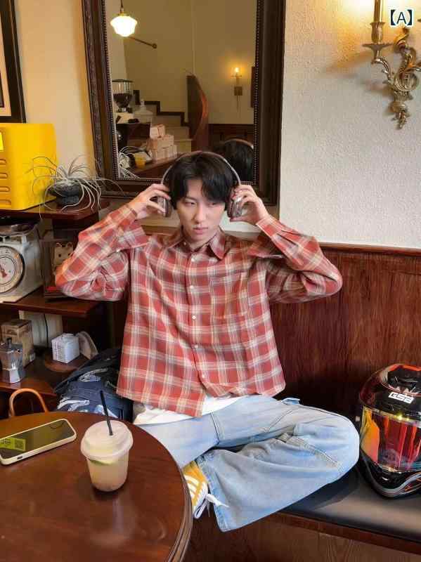 メンズ ファッション 春夏 秋冬 かっこいい オシャレ モテ 男性用 紳士服 服 韓国 シンプル 大人 カップル　男性　女性　アメリカン　半袖　クリーン　フィットチェック柄　レトロ　長袖　シャツ