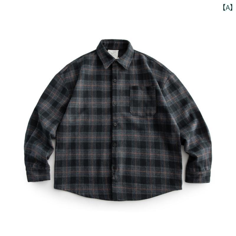 メンズ ファッション 春夏 秋冬 かっこいい オシャレ モテ 男性用 紳士服 服 韓国 シンプル 大人 レトロ　起毛　厚手　チェック　シャツ　ワークウェア　長袖　ウール　シャツ　ジャケット