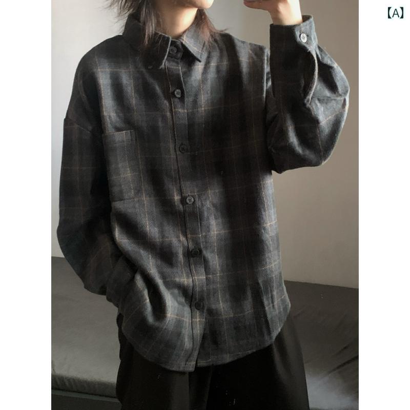 メンズ ファッション 春夏 秋冬 かっこいい オシャレ モテ 男性用 紳士服 服 韓国 シンプル 大人 レトロ　厚手　起毛　ウール　チェック　シャツ　長袖　ゆったり　カラー　ブロック　シャツ
