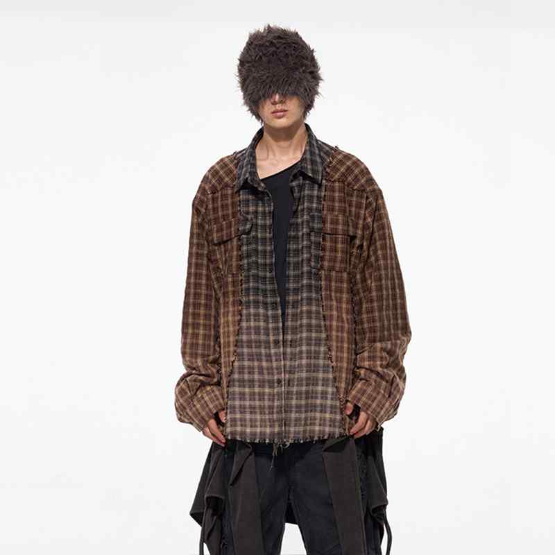 メンズ ファッション 春夏 秋冬 かっこいい オシャレ モテ 男性用 紳士服 服 韓国 シンプル 大人 ダメージ　加工　パッチワーク　チェック　シャツ