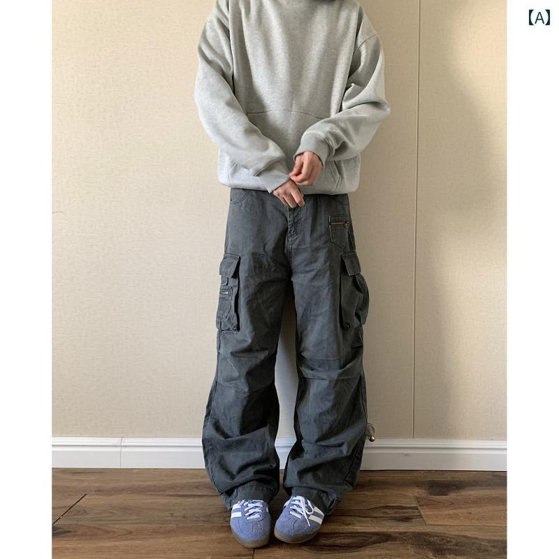 メンズ ファッション 春夏 秋冬 かっこいい オシャレ モテ 男性用 紳士服 服 韓国 シンプル 大人 ドロップ　サンダー　ダーク　グレー　カーゴパンツ　ロギング　パンツ　大きい　ポケット　ロング　パンツ　クリーン　フィット　アメリカン　レトロ　スタイル