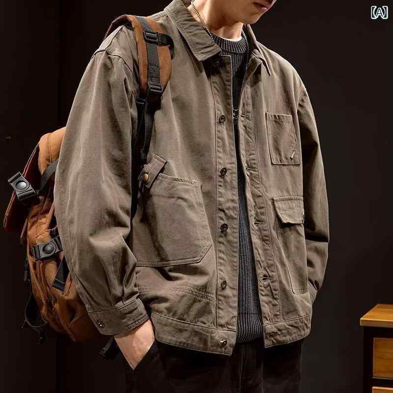 メンズ ファッション 春夏 秋冬 かっこいい オシャレ モテ 男性用 紳士服 服 韓国 シンプル 大人 アメリカン　ハンティングジャケット　スタイル　レトロ　ワークウェア　トップ　綿　デニムジャケット