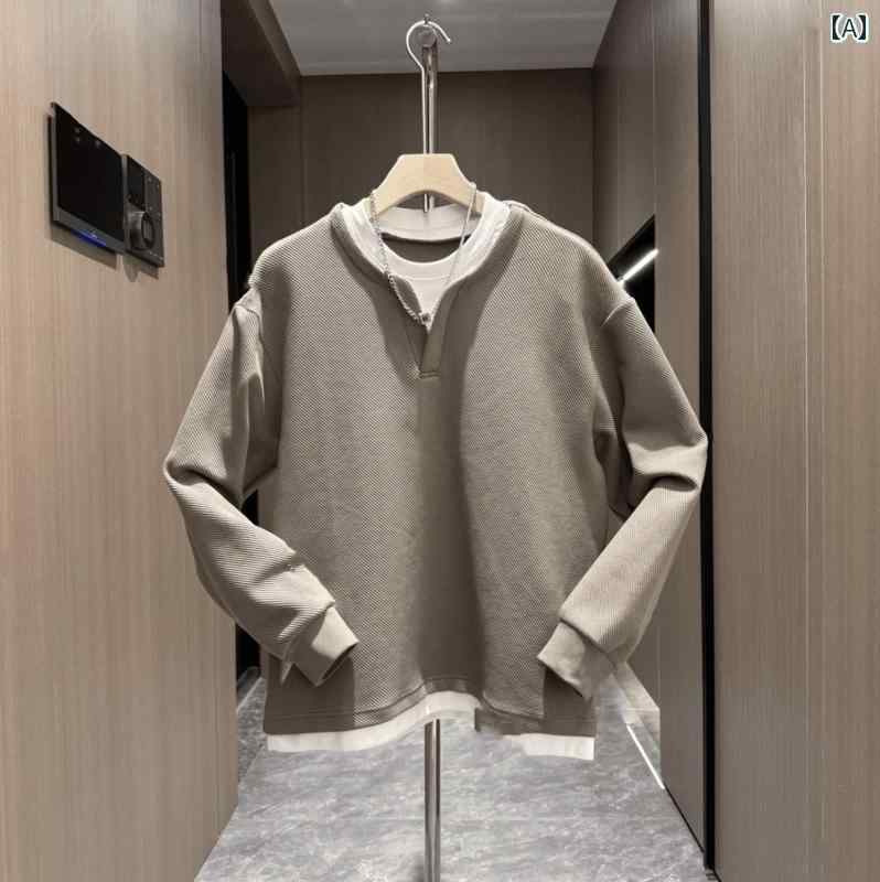 メンズ ファッション 春夏 秋冬 かっこいい オシャレ モテ 男性用 紳士服 服 韓国 シンプル 大人 ヘビーウェイト パッチワーク フェイク ツーピース 無地 スウェットシャツ メンズ フィット 快適 長袖 ベース シャツ カジュアル トップス