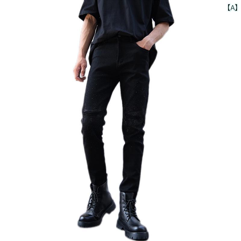 メンズ ファッション 春夏 秋冬 かっこいい オシャレ モテ 男性用 紳士服 服 韓国 シンプル 大人 ハイエンド ブラック リップド パッチ ジーンズ メンズカジュアル ホット スリムフィット クロップド パンツ ストレッチパンツ｜YKC8