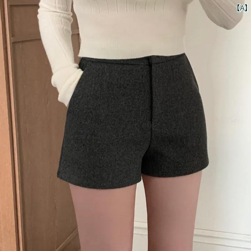レディース ファッション 春夏 秋冬 かわいい オシャレ 韓国 グレー ウール ハイウエスト ショート パンツ スタイル スリム ストレート レッグ タイトフィット ウール ブーツ カット パンツ 単体 ベース