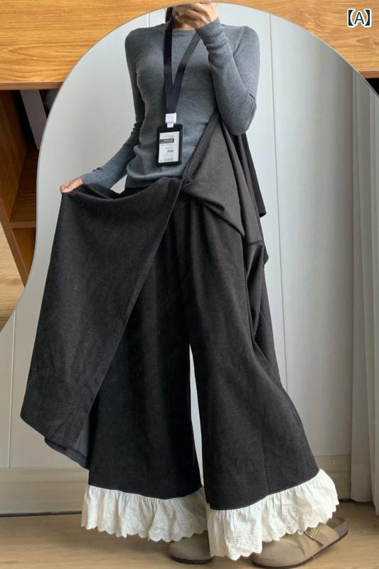 レディース ファッション 春夏 秋冬 かわいい オシャレ 韓国 パンツ スカート パンツ フェイク ツーピース 大きいサイズ 太い レース スプライシング ウール ワイド レッグ スカート パンツ|YKC8