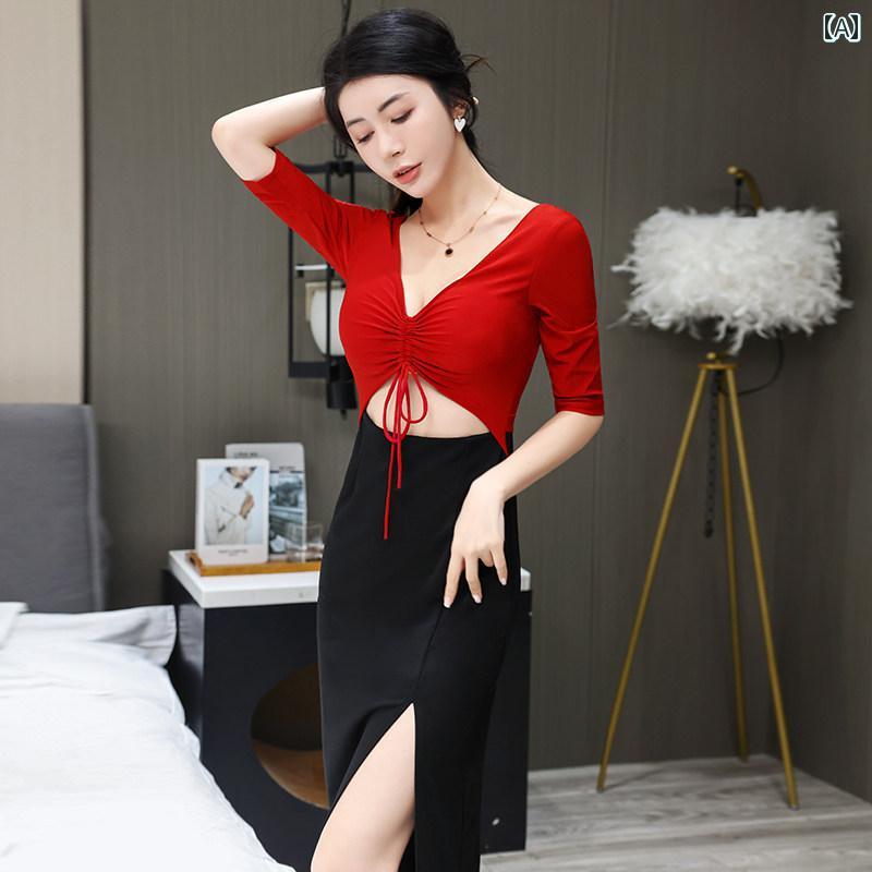 レディース ファッション 春夏 秋冬 かわいい オシャレ 韓国 技術者 ロング スカート セクシー ソフト Vネック スリム ハイウエスト お腹 カバー 足 湯 健康 SPA ナイトクラブ