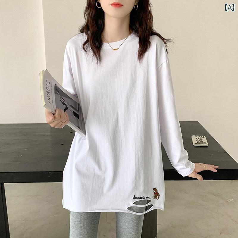 レディース ファッション 春夏 秋冬 かわいい オシャレ 韓国 ホワイト ベース シャツ 綿ンナー 長袖 T シャツ ゆったり スリム ミドル丈 ヒップ 穴 カバー トップス|YKC8
