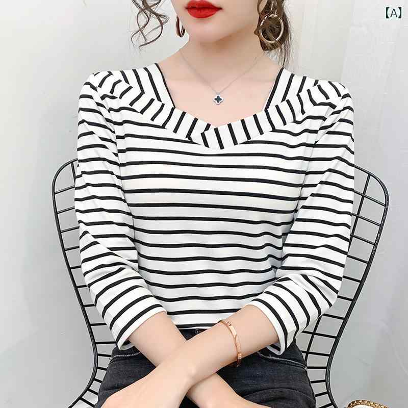 レディース ファッション 春夏 秋冬 かわいい オシャレ 韓国 T シャツ Vネック ストライプ トップス スリムフィットベース シャツ 半袖｜YKC8