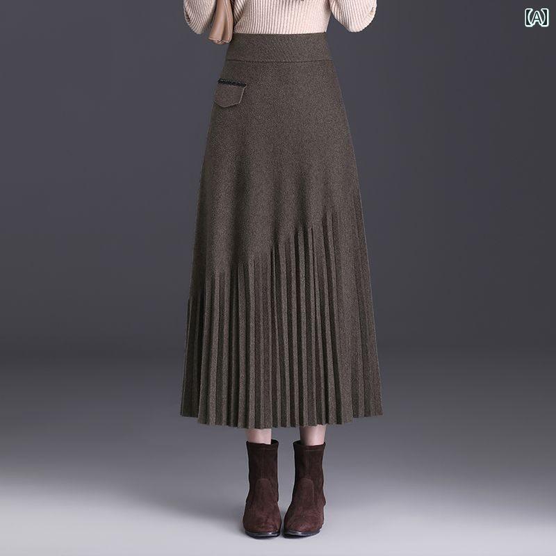 レディース ファッション 春夏 秋冬 かわいい オシャレ 韓国 レトロ ハイウエスト ニットプリーツ スカート スタイル フル スカート シック ミディ スカート｜YKC8