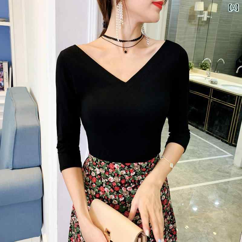レディース ファッション 春夏 秋冬 かわいい オシャレ 韓国 モダール Vネック トップス 黒 スリムフィット 七分袖 シャツ T シャツ｜YKC8 28,471円