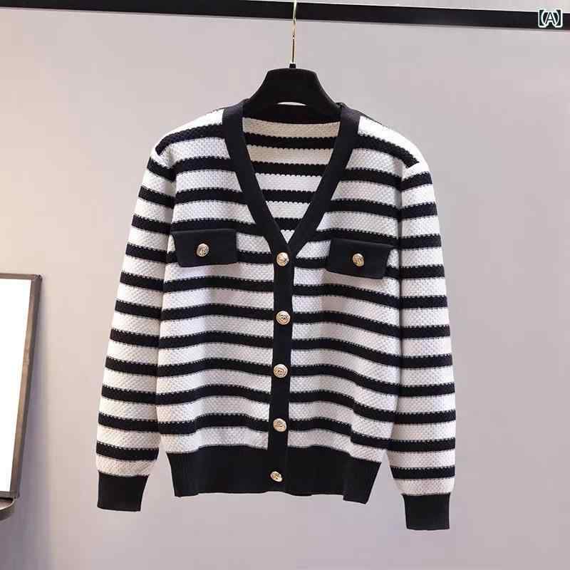 レディース ファッション 春夏 秋冬 かわいい オシャレ 韓国　ストライプ　ニットカーディガン　セーター　アウターウェア　シック　早　コート　トップ