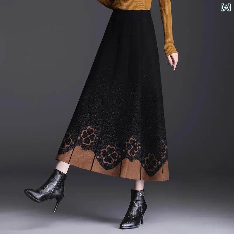 レディース ファッション 春夏 秋冬 かわいい オシャレ 韓国 ミドル丈　ニット　スカート　ハイウエスト　フィット　スリミング　aライン　ロング
