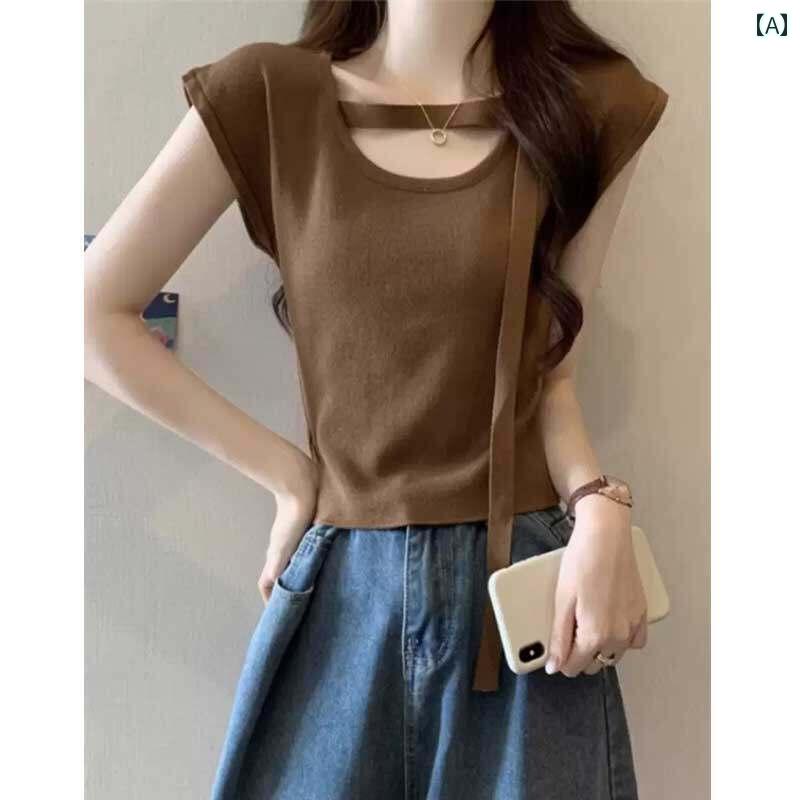 レディース ファッション 春夏 秋冬 かわいい オシャレ 韓国 スリムフィット 冷感 ニット トップス 半袖 ストレート ショルダー|YKC8