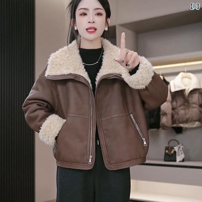 レディース 流行り物 春夏 秋冬 可愛らしい オシャレ 韓国 フランス共和国 飛び切り ラムウール  厚地の外套 新型 朦々たる なめし革 遊撃手 上衣