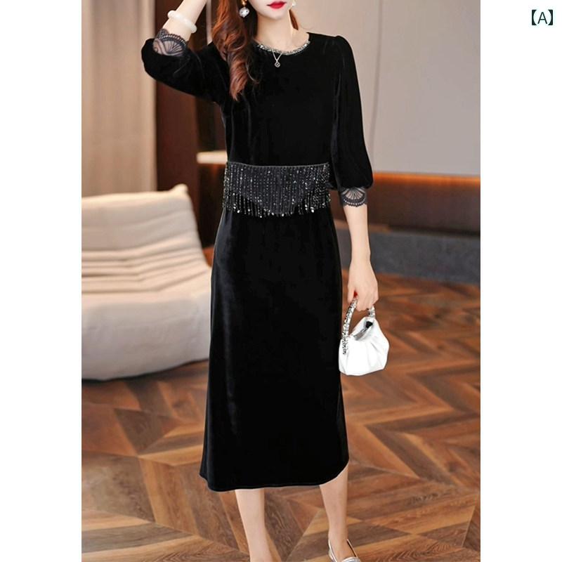 レディース ファッション 春夏 秋冬 かわいい オシャレ 韓国 女性　高級　エレガント　七分袖　ドレススリムフィット　ゴールド　ベルベット　ロング｜YKC8