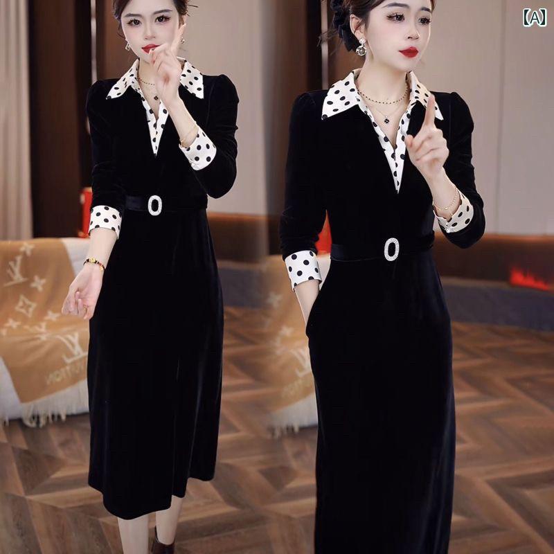レディース ファッション 春夏 秋冬 かわいい オシャレ 韓国 お母さん ぴったり フェイク ツーピース フレンチ エレガント ミドル丈 ベルベット ドレス|YKC8