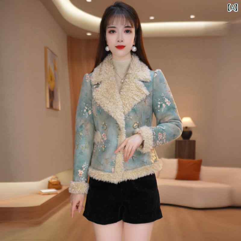 レディース ファッション 春夏 秋冬 かわいい オシャレ 韓国 女性　アメリカン　　プリント　シアリング　コート　風　フリース　裏地　　厚手　ショート｜YKC8