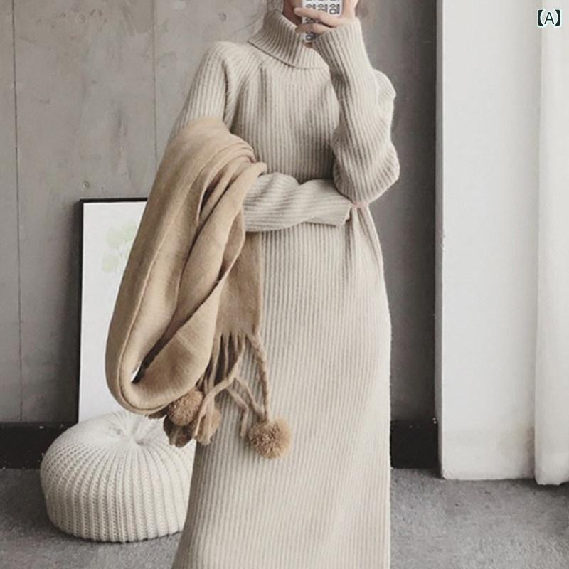 レディース ファッション 春夏 秋冬 かわいい オシャレ 韓国 ハイネック ミドル丈 セーター ニット ベース レイヤー 膝上 丈 フリース 裏地 ドレス|YKC8