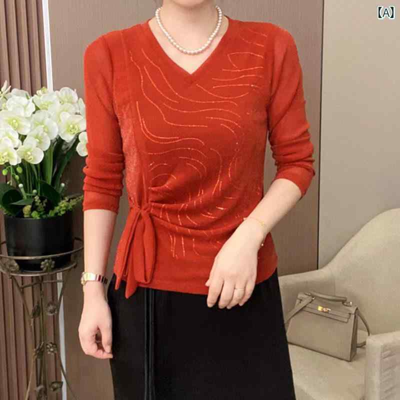 レディース ファッション 春夏 秋冬 かわいい オシャレ 韓国 快適　女性　服　スタイリッシュ　長袖　Vネック　スリムフィット　ラインストーン　装飾　スリム　カジュアル　ベース　レイヤー