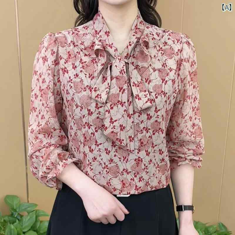 レディース ファッション 春夏 秋冬 かわいい オシャレ 韓国 シック　蝶　ネクタイ　花柄　トップス　エレガント　スリム　ママ　長袖