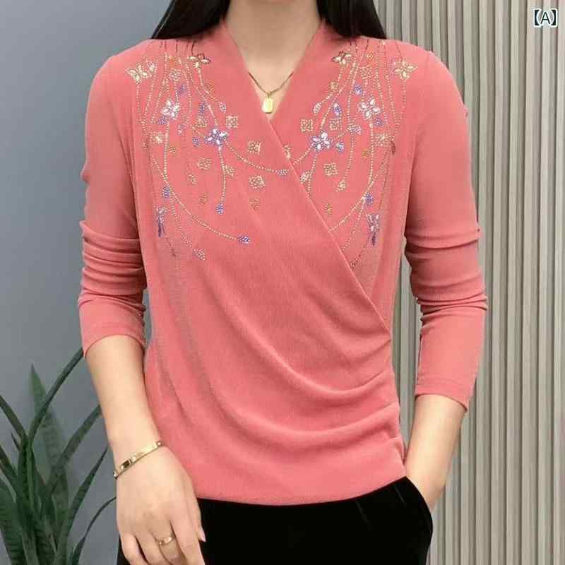 レディース ファッション 春夏 秋冬 かわいい オシャレ 韓国 クロス　ネック　シンプル　ワンピース　無地　ホットフィックス　ラインストーン小　花柄　スタイリッシュ　長袖　T　シャツ　快適　ベース　レイヤー
