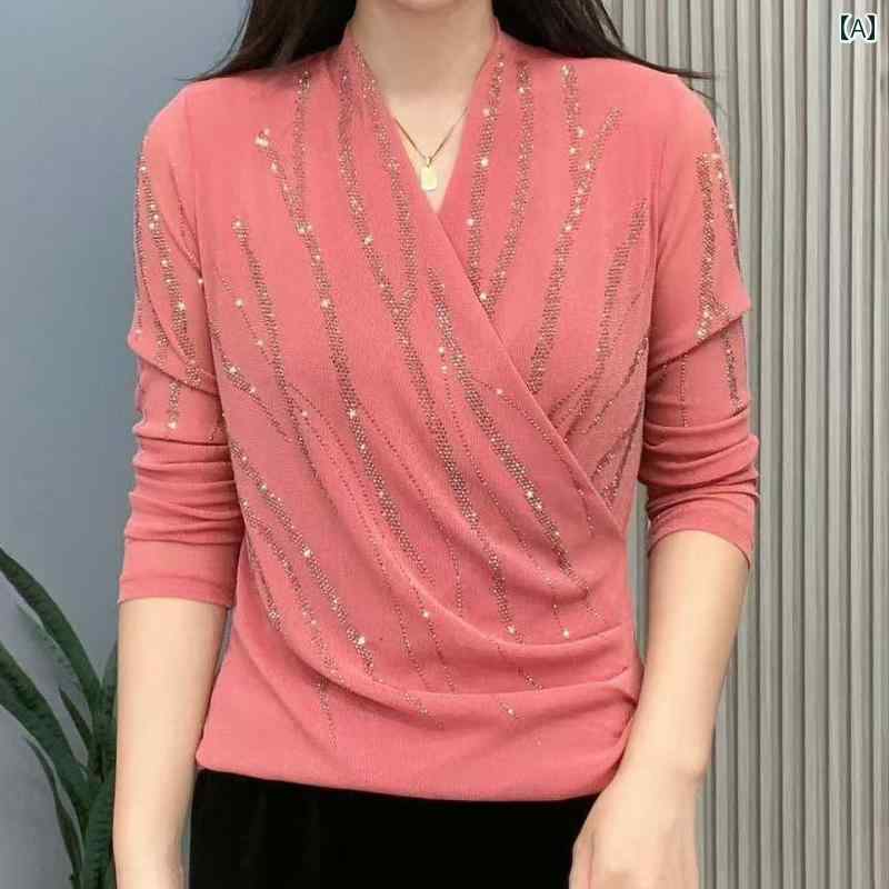 レディース ファッション 春夏 秋冬 かわいい オシャレ 韓国 クロス　ネック　シンプル　ママ　服装　無地　ラインストーン　ウィロー　ストライプ　スタイリッシュ　長袖　快適　T　シャツ　ベース　レイヤー｜YKC8