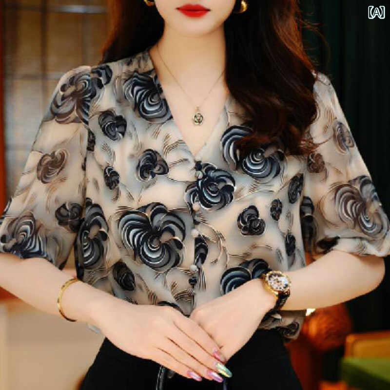 レディース ファッション 春夏 秋冬 かわいい オシャレ 韓国 通気性 Vネック プリント トップス T シャツ ブラウスし スリム 見せ 最適|YKC8