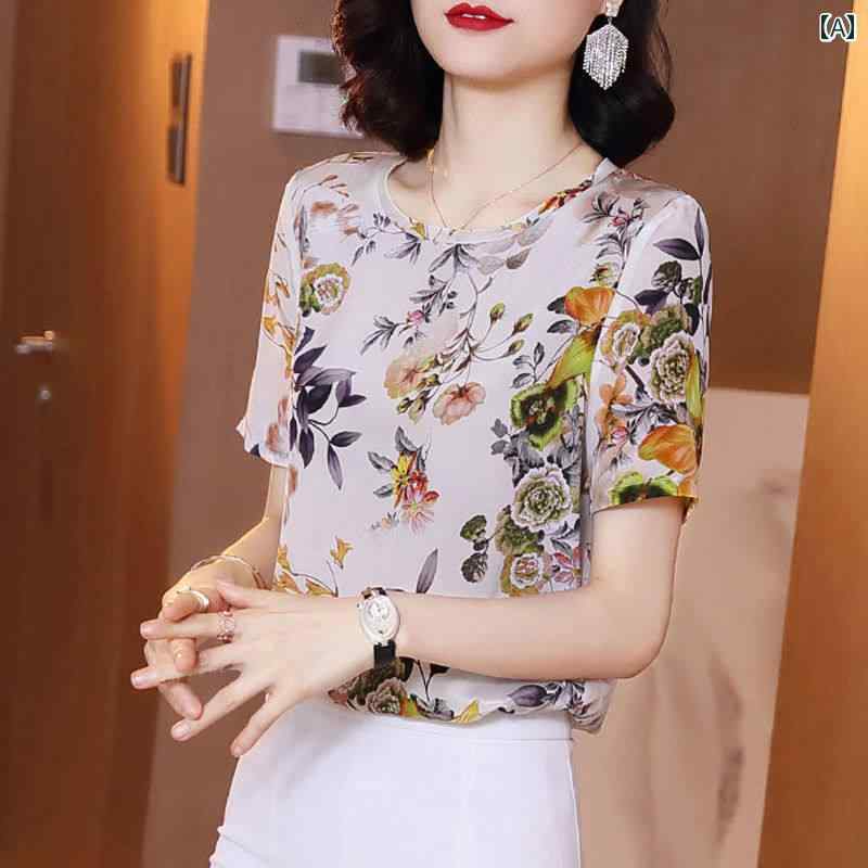レディース ファッション 春夏 秋冬 かわいい オシャレ 韓国 半袖　T　シャツ　フィット　感　レトロ　プリント　エレガント　エスニック　若々しいお母さん　涼しく　快適　トップス｜YKC8