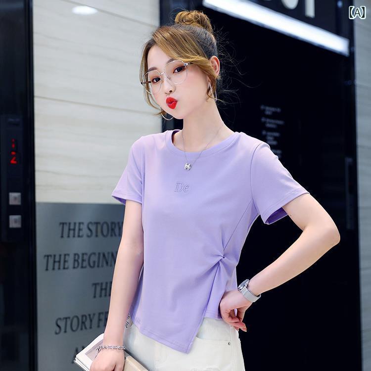 レディース ファッション 春夏 秋冬 かわいい オシャレ 韓国 綿　半袖　T　シャツ　不規則　ショート｜YKC8