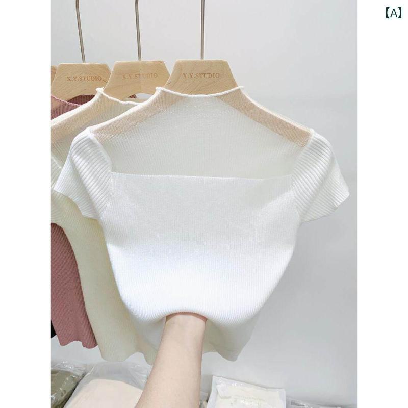 レディース ファッション 春夏 秋冬 かわいい オシャレ 韓国　透かし　編み　半袖　T　シャツ　インナー　ハイネック　セーター　ショート　丈　トップス｜YKC8