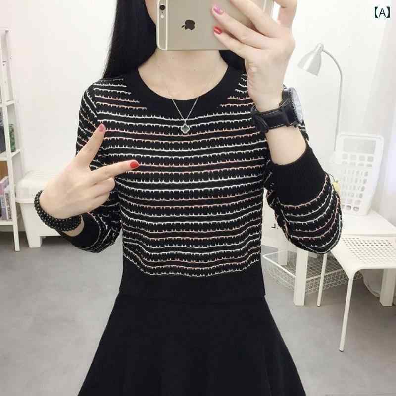 レディース ファッション 春夏 秋冬 かわいい オシャレ 韓国 ストライプニット　ベース　レイヤー　トップ　ショート　セーター　長袖　プルオーバー