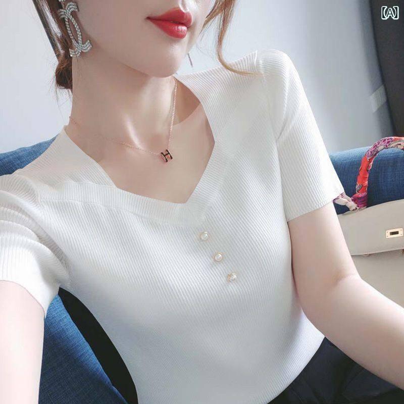 レディース ファッション 春夏 秋冬 かわいい オシャレ 韓国 快適　ベース　レイヤー　ニット　T　シャツ　トップス　Vネック　スリムフィット　エレガント　冷感　半袖｜YKC8