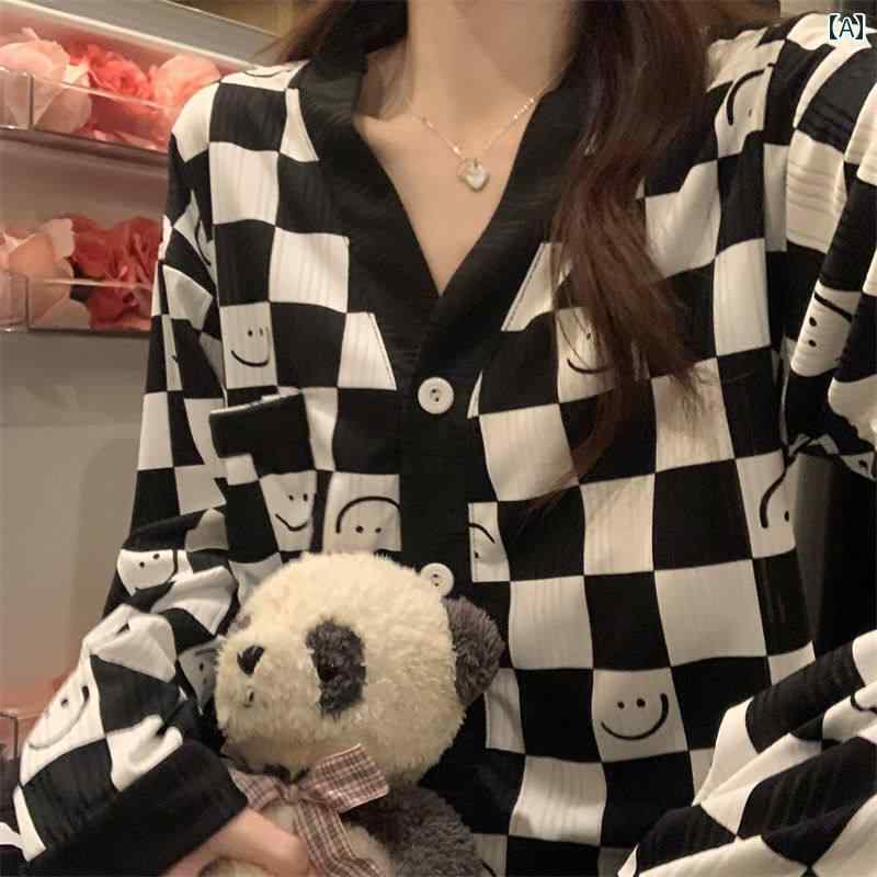 レディース ファッション 春夏 秋冬 かわいい オシャレ 韓国 インスタ　グラム　風　パジャマ　甘くて　シンプル　カラー　ブロック　チェック柄　長袖　ラウンジウェア　セット｜YKC8
