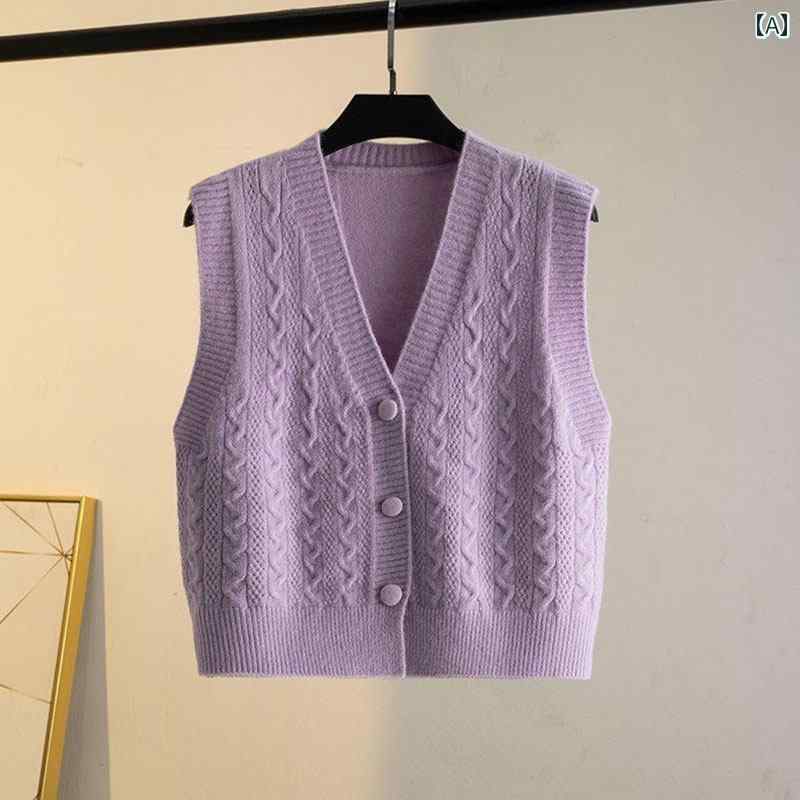 レディース ファッション 春夏 秋冬 かわいい オシャレ 韓国 ケーブル ニット Vネックカーディガン ショート アウターウェア ノースリーブセーター ベスト カーディガン|YKC8