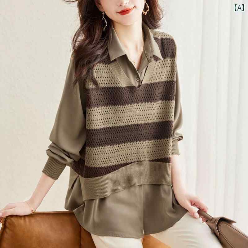 レディース ファッション 春夏 秋冬 かわいい オシャレ 韓国 フェイク ツーピース ニット トップス フィット スリミング 快適 パッチワークシャツ スタイリッシュ|YKC8
