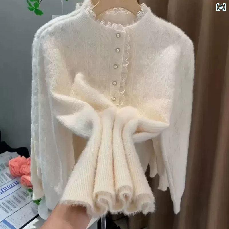 レディース ファッション 春夏 秋冬 かわいい オシャレ 韓国 白色 タートルネック レース ビーズ セーター 高級 ニットウェア エレガント インナートップ|YKC8