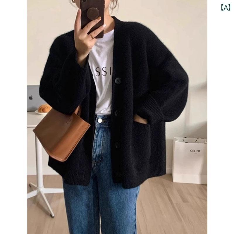 レディース ファッション 春夏 秋冬 かわいい オシャレ 韓国 Vネック　ニット　カーディガン　ハイエンド　セーター　コート　ブラック　トップス