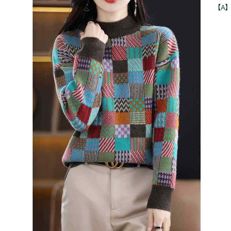 レディース ファッション 春夏 秋冬 かわいい オシャレ 韓国 カラー　ブロック　チェック柄　セーター　セミ　ハイネック　フリース　裏地　厚手　ニット　ベース　レイヤー　トップ｜YKC8