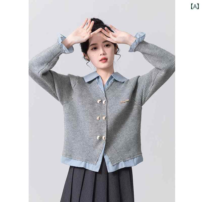 レディース ファッション 春夏 秋冬 かわいい オシャレ 韓国 プレッピー　ポロ　カラー　ニットカーディガン　セーター　フェイク　ツーピース　トップ　スタイリッシュ　スリム