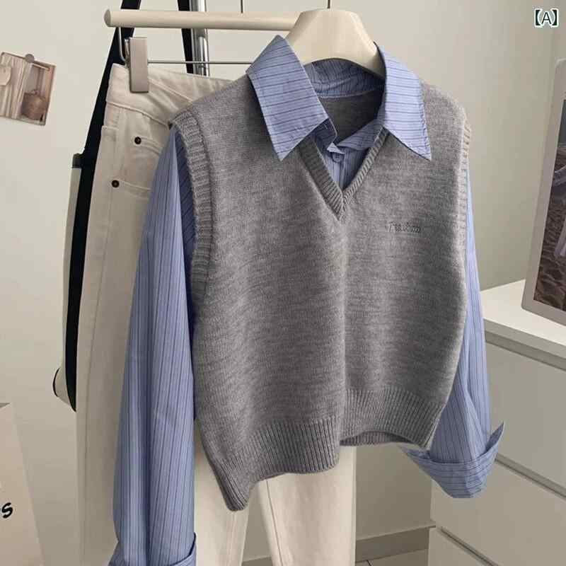 レディース ファッション 春夏 秋冬 かわいい オシャレ 韓国 Vネック　若々しい　プレッピー　レトロ　ベスト　高級　フェイク　ツーピース　トップ