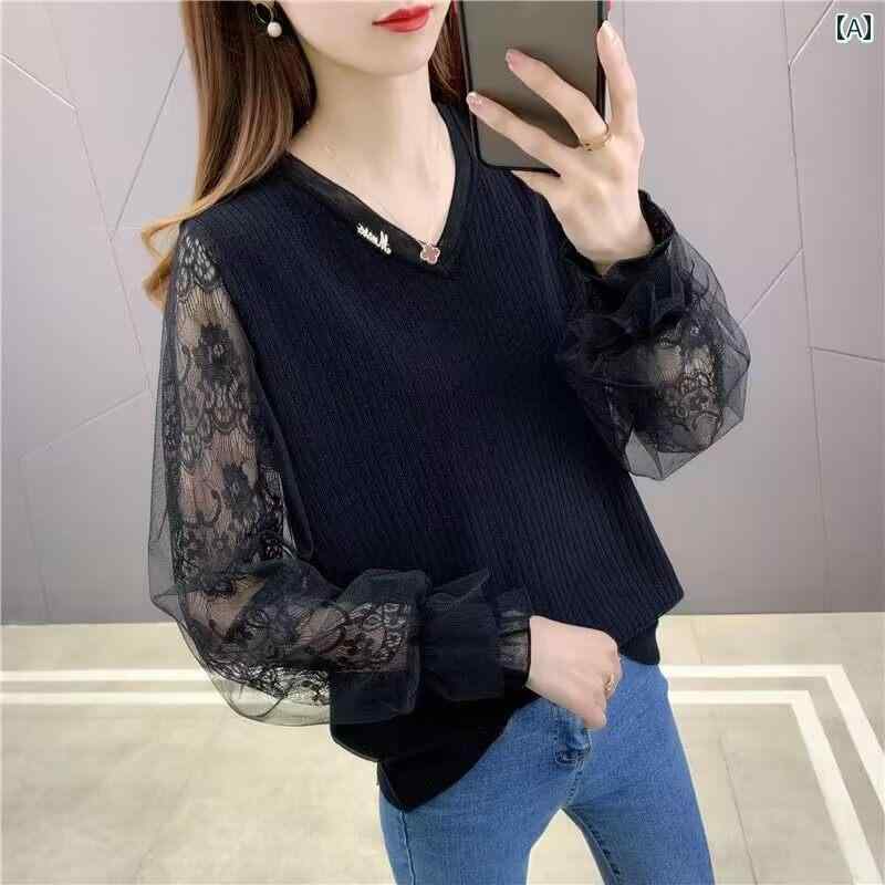 レディース ファッション 春夏 秋冬 かわいい オシャレ 韓国 レース　袖　冷感　ニット　トップ　フィット　薄手　アウター　最適　Vネック　くり抜き
