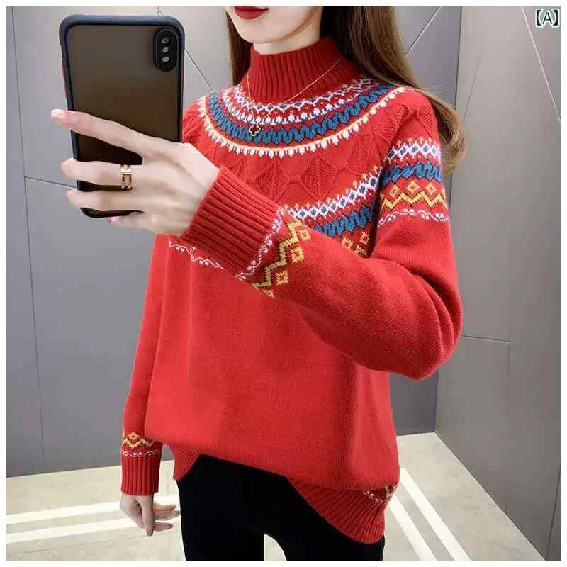 レディース ファッション 春夏 秋冬 かわいい オシャレ 韓国 レトロ　セーター　フィット　ジャカード　ハイネック　レッド　ニット　ベース　レイヤー