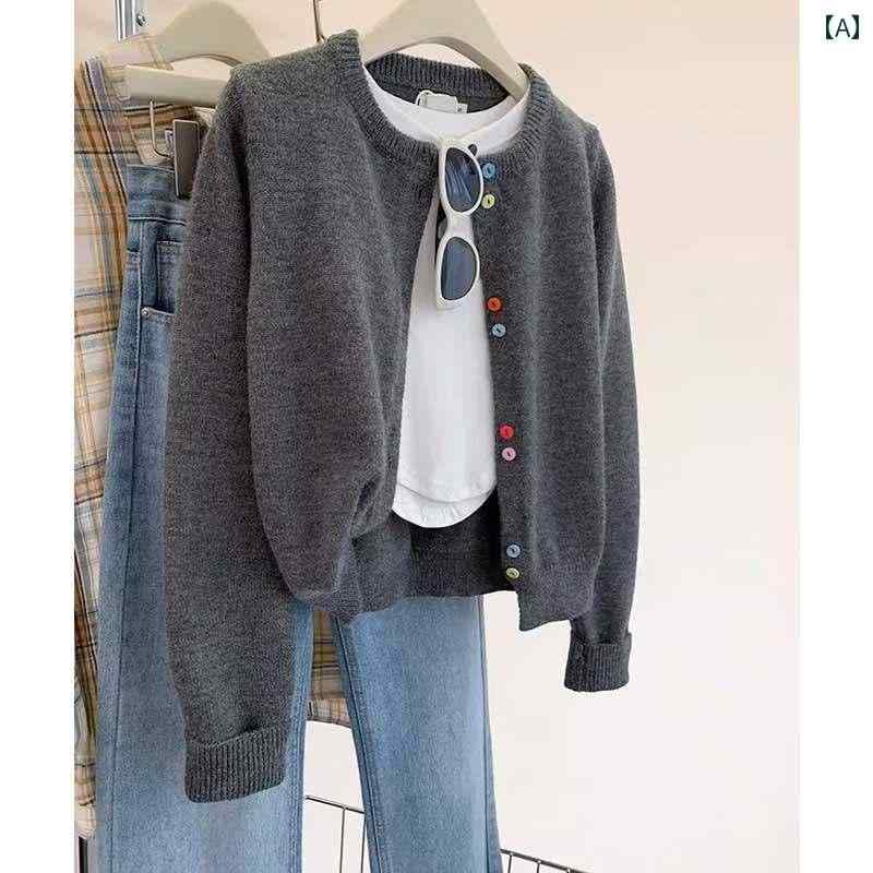 レディース ファッション 春夏 秋冬 かわいい オシャレ 韓国 グレー　ニットカーディガン　風　セーター　ジャケット　ショート　トップ