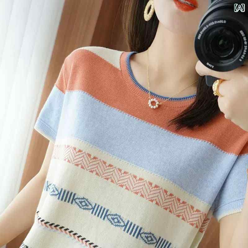 レディース ファッション 春夏 秋冬 かわいい オシャレ 韓国 ストライプ 半袖 T シャツ オフショルダー カラー ブロック 冷感 ニット トップス 着痩せ|YKC8