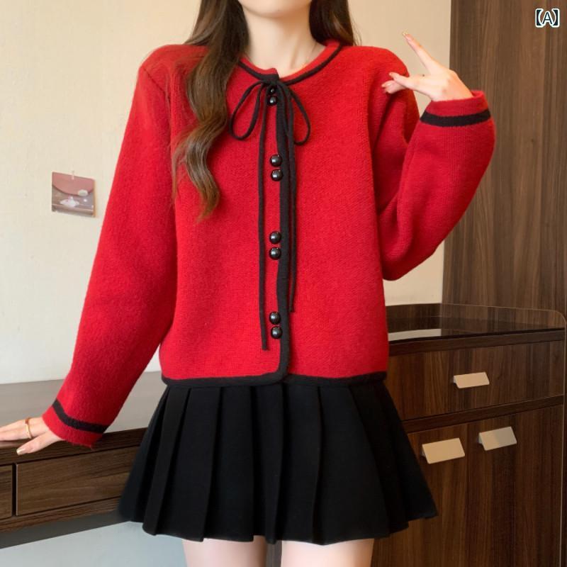 レディース ファッション 春夏 秋冬 かわいい オシャレ 韓国 ラウンドネック ニットカーディガン リラックス セーター コート ウエスト タイ トップ スモール アウター|YKC8