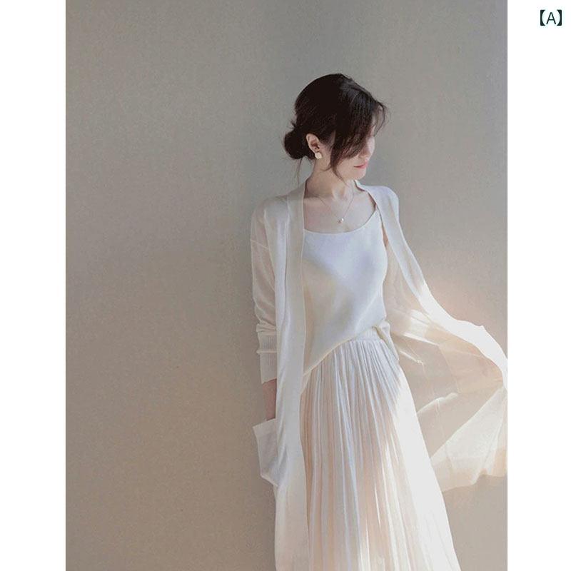 レディース 流行り物 春夏 秋冬 可愛らしい オシャレ 韓国 編み物ジレー 真っただ中丈 薄っぺら 厚地の外套 肩かけ 長袖 今めかしい トップス