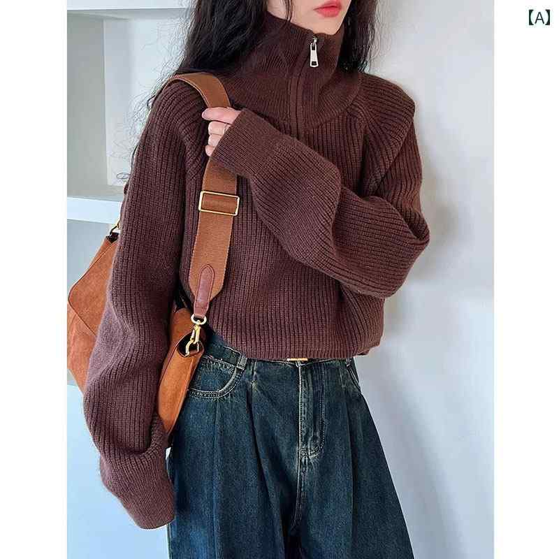レディース ファッション 春夏 秋冬 かわいい オシャレ 韓国 アメリカン　レトロ　セーター　甘くて　クール　バット　ウィング　スリーブ　ハーフ　ジップ　カジュアル　プルオーバー　トップ｜YKC8